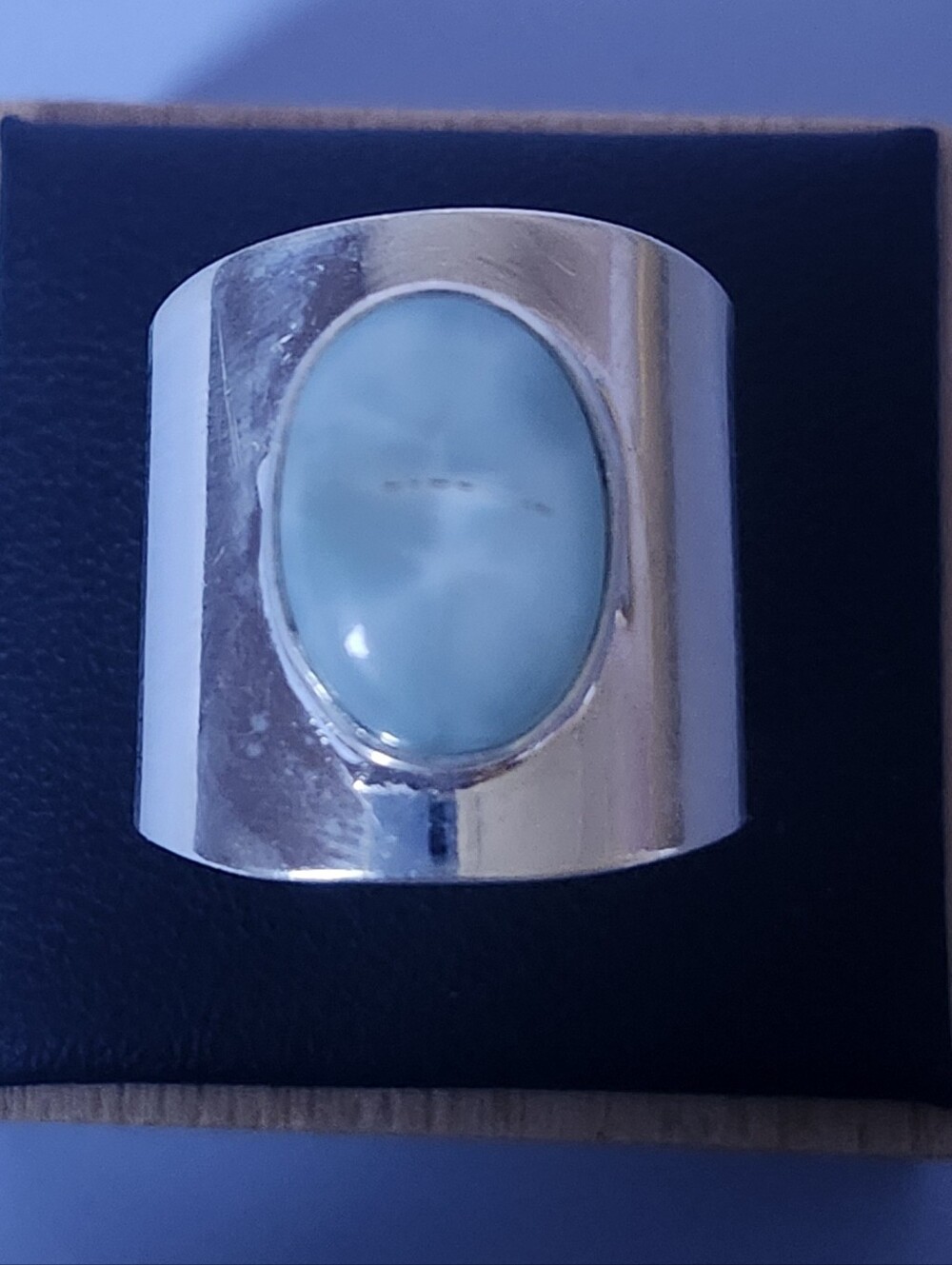 New 925 Sterling Silver Wide Band Ring with Light Blue Natural Larimar Stone SZ9